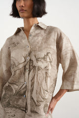 Grover Rad Calypso linen shirt oversized button up collared shirt in cream linen with antique art print