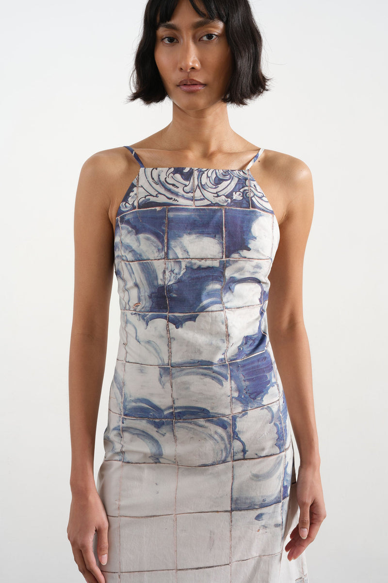 blue mesh oriental print ruched bodycon dress Clothing : Bodycon Dresses : 'Ella' Blue + White Ruched Organza Mesh Mini  Dress