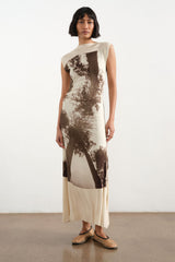 Grover Rad Canopy jersey dress  sleeveless long maxi dress with boatneck in cream colored jersey fabric printed with antique photograph of trees