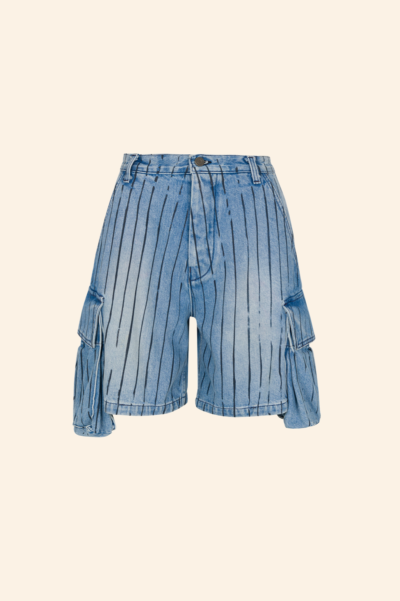Grover Rad Billie Blue denim cargo shorts with big pockets and stripes