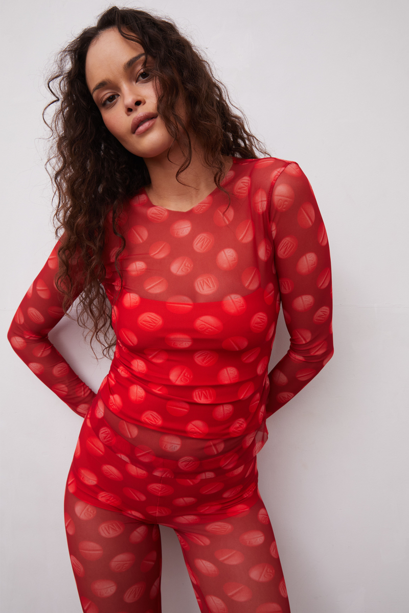 Grover Rad Candyman Mesh long sleeve top and legging in red with polka dot pills