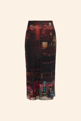 Grover Rad Gateway Mesh midi length skirt featuring a chinatown print with black background