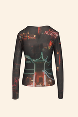 Grover Rad Gateway Mesh long sleeve shirt top featuring a chinatown print with black background