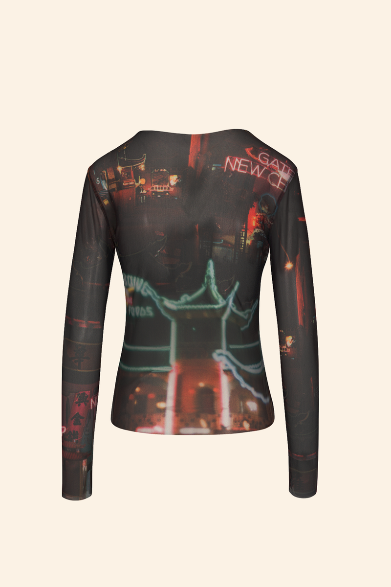 Grover Rad Gateway Mesh long sleeve shirt top featuring a chinatown print with black background