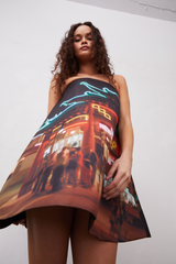 Grover Rad Gateway Trapeze Mini dress strapless with A-line shape featuring chinatown print