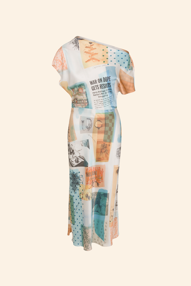 Grover Rad Hendrix Silk Bias dress midi length featuring orange and blue collage off the shoulder fit