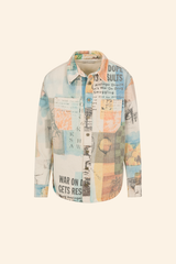 Grover Rad Hendrix Denim Jacket or Shacket in cream with blue and orange collage