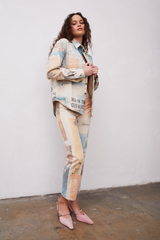 Grover Rad Hendrix Denim Jacket or Shacket in cream with blue and orange collage