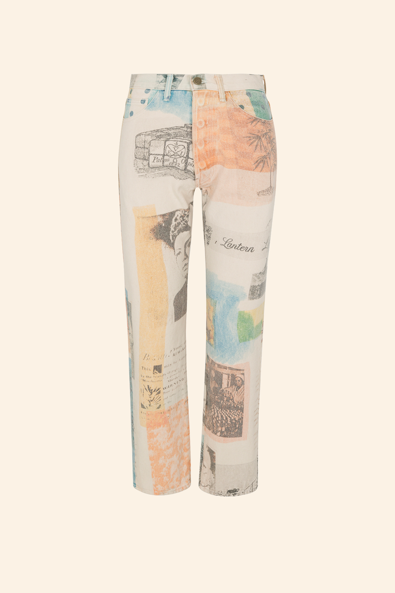 Grover Rad Hendrix jean 501 levi's fit ankle length in cream with blue and orange collage