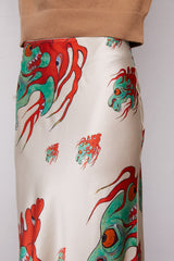 Grover Rad Hydra skirt midi length silk featuring red and teal dragon print