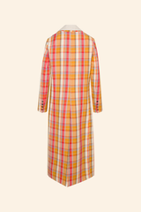 Grover Rad Pepper's Plaid Coat midi length orange red cream and purple plaid with silk lining featuring Hendrix print collage