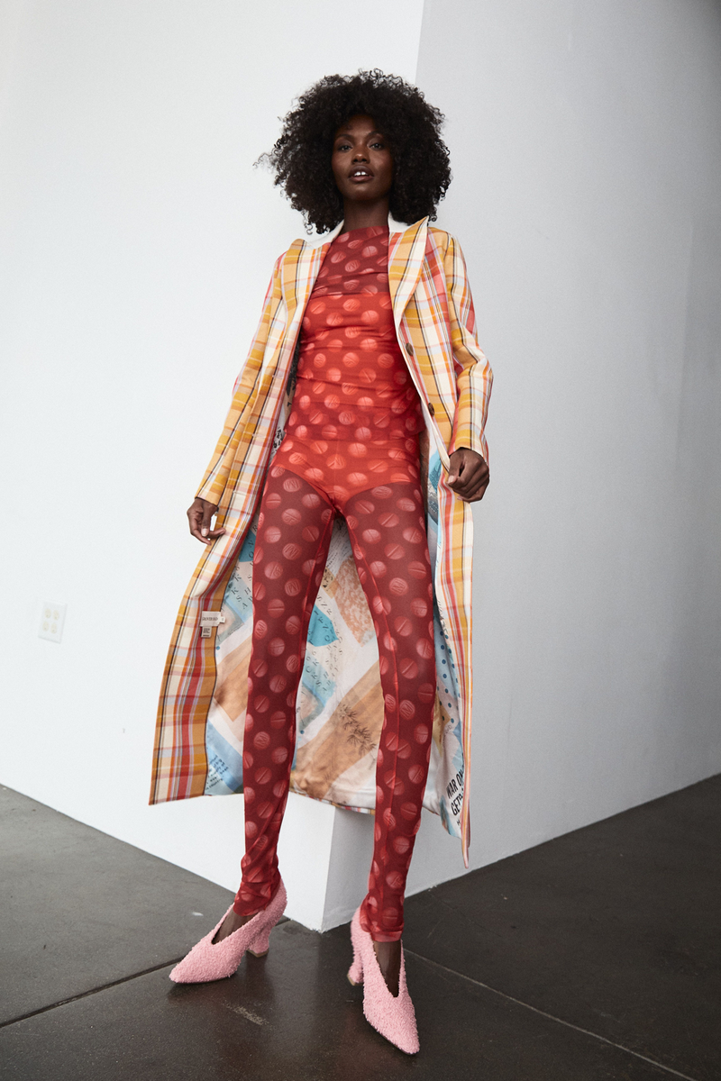 Grover Rad Pepper's Plaid Coat midi length orange red cream and purple plaid with silk lining featuring Hendrix print collage