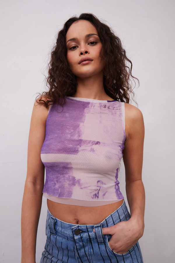 Grover Rad Poppy Mesh Tank top in purple and cream double lined featuring abstract poppy art print