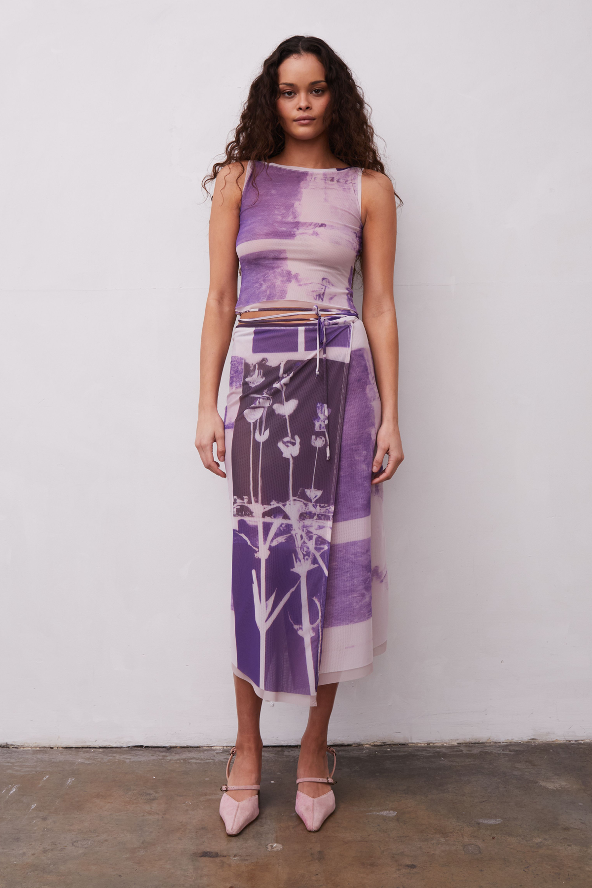 Grover Rad Poppy Mesh Tank top and mesh wrap skirt midi length  in purple and cream double lined featuring abstract poppy art print