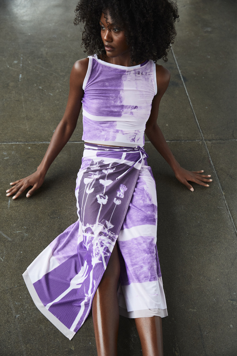Grover Rad Poppy Mesh Tank top and mesh wrap skirt midi length  in purple and cream double lined featuring abstract poppy art print