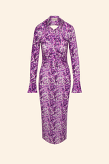 Grover Rad Purple Haze button down midi lenth dress with collar and exaggerated sleeves featuring purple and cream flower print with cutout open back