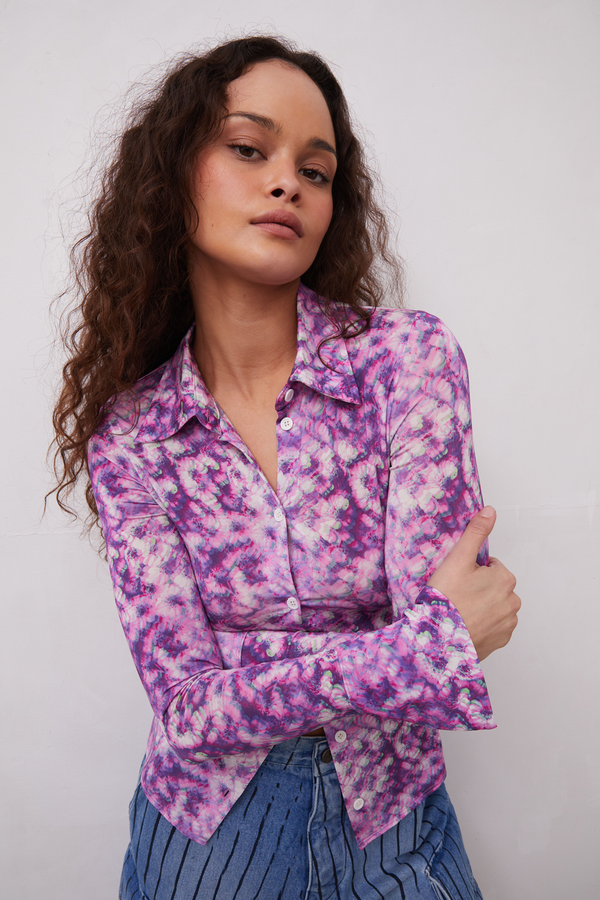Grover Rad Purple Haze button down shirt with collar and exaggerated sleeves featuring purple and cream flower print