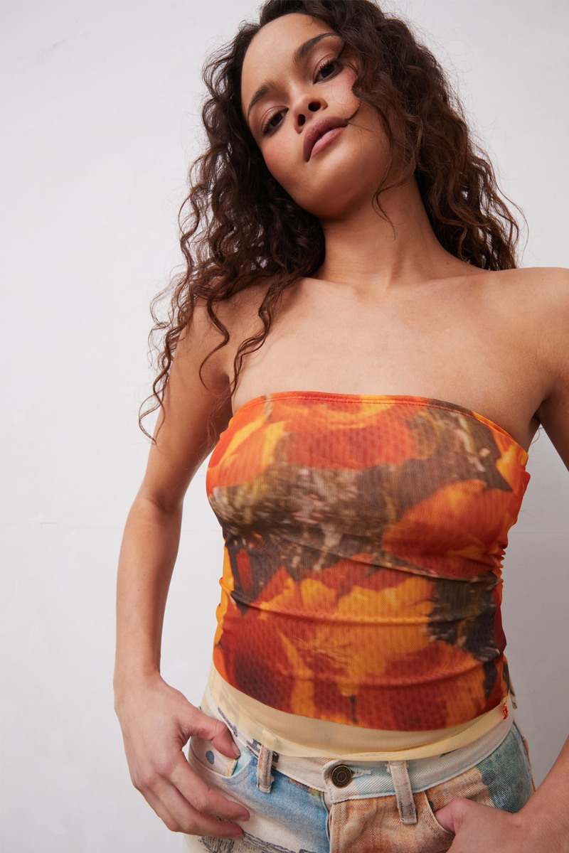 Grover Rad Yellow Sunshine Mesh Tube Top featuring yellow and orange California Poppies