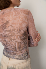 Grover Rad carbon mesh long sleeved top printed tree etching art nude white grey