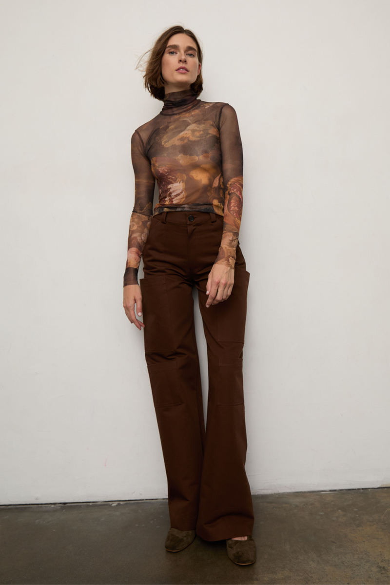 Grover Rad dionysus turtle neck mesh top tania sarin pomegrante still life art unlined brown jane ranger pant pockets