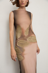 Grover Rad Eve mesh dress printed trompe l'oeil leaves adam and eve painting art lined midi fitted