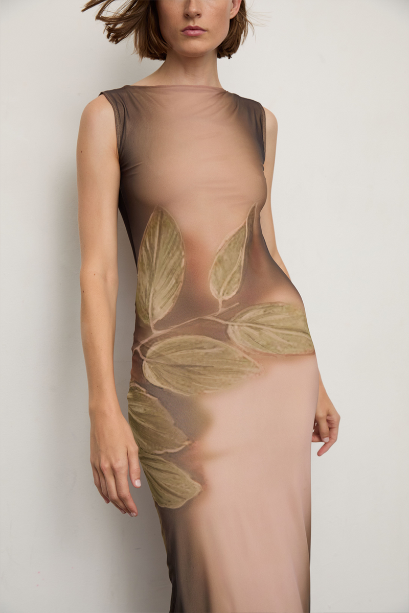 Grover Rad Eve mesh dress printed trompe l'oeil leaves adam and eve painting art lined midi fitted