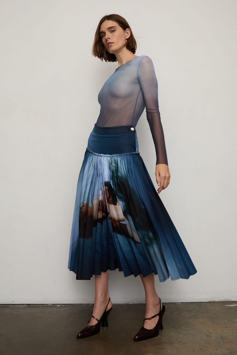 Grover Rad Fantasy Skirt midi pleated printed vintage photograph navy blue white cotton