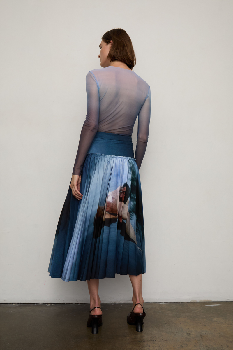 Grover Rad Fantasy Skirt midi pleated printed vintage photograph navy blue white cotton