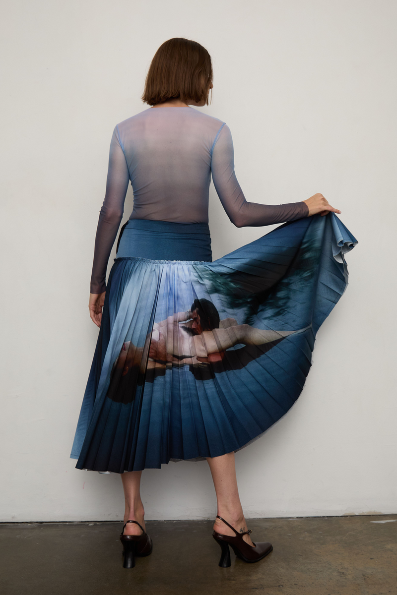 Grover Rad Fantasy Skirt midi pleated printed vintage photograph navy blue white cotton