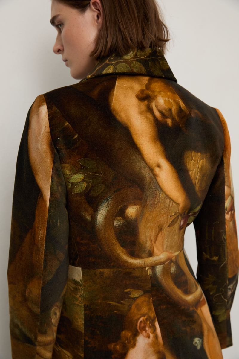 Grover Rad Forbidden Fruit Coat velvet cotton fitted coat printed adam and eve painting art collared