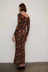 Grover Rad jonathan yeo collaboration falling leaves collage female genitalia fitted ankle length dress open neck brown