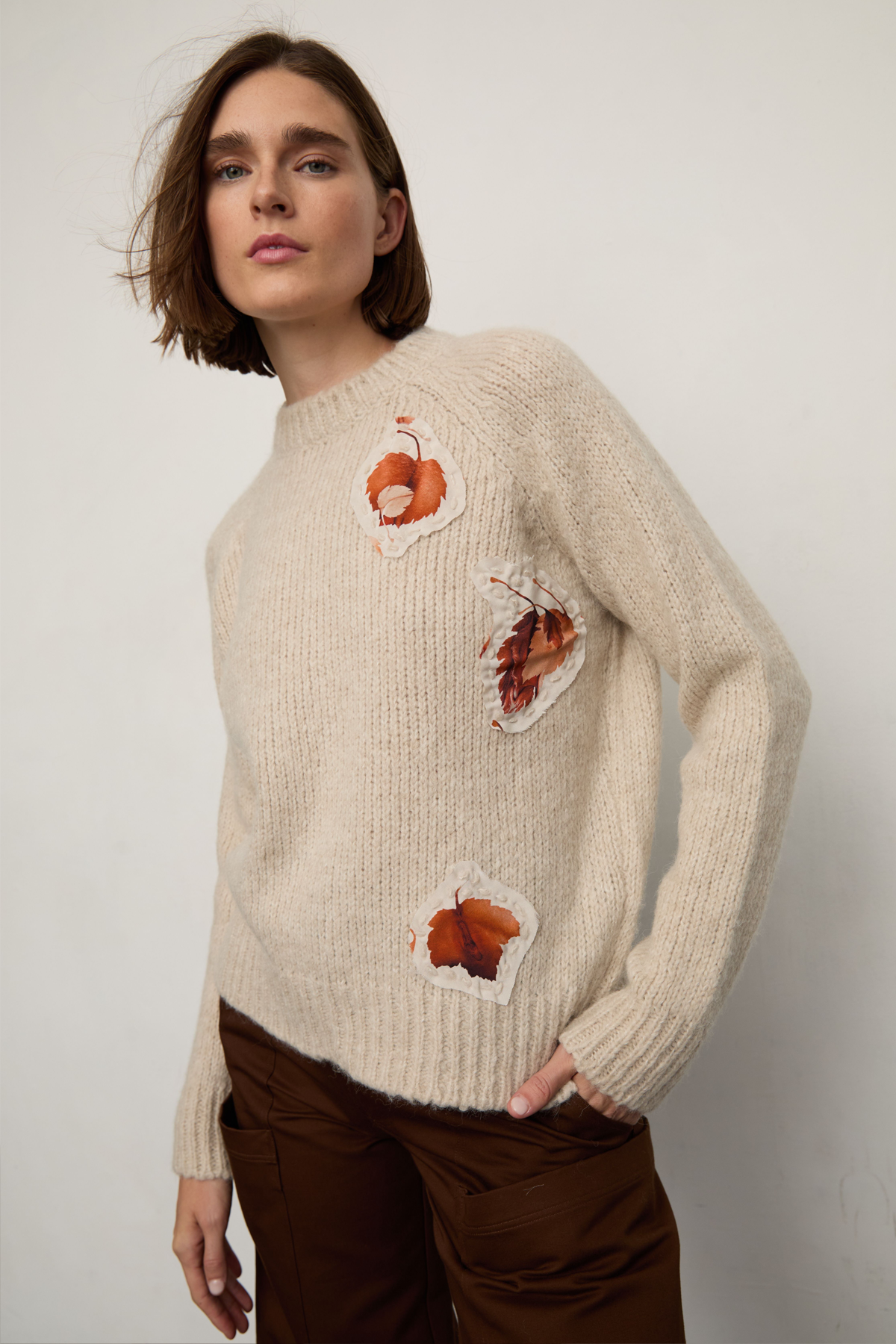 Grover Rad artist jonathan yeo collaboration falling leaves collage female genitalia fitted crew neck boyfriend fit sweater alpaca wool silk appllique