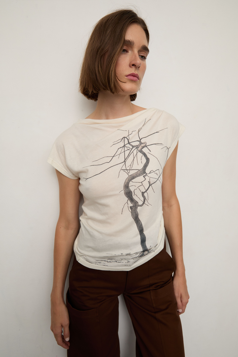 Grover Rad memento mori top white asymmetrical t-shirt printed tree historical etching 