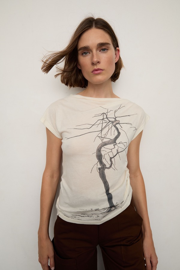 Grover Rad memento mori top white asymmetrical t-shirt printed tree historical etching 