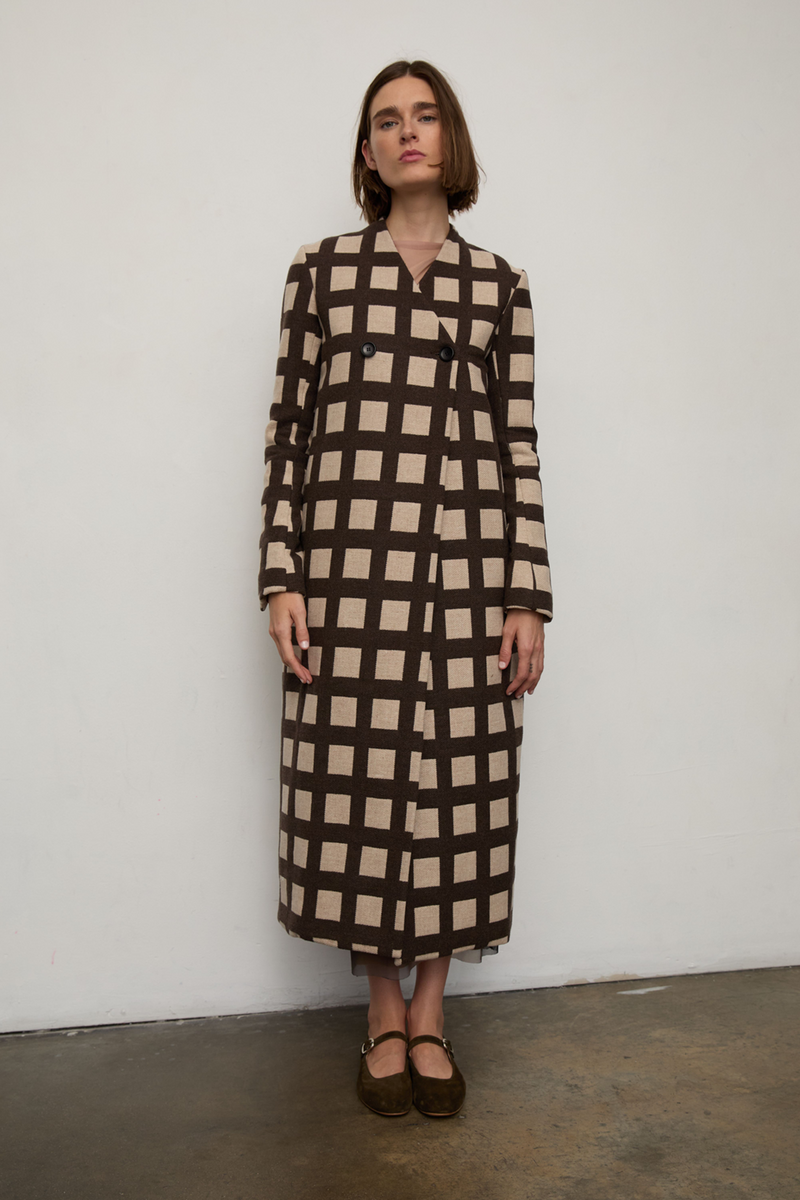 Grover Rad plaid wool coat silk lining jonathan yeo art falling leaves asymmetrical closure