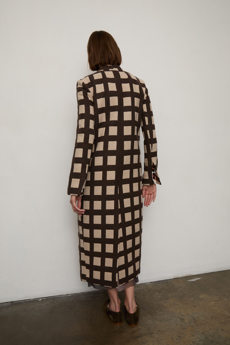 Grover Rad plaid wool coat silk lining jonathan yeo art falling leaves asymmetrical closure