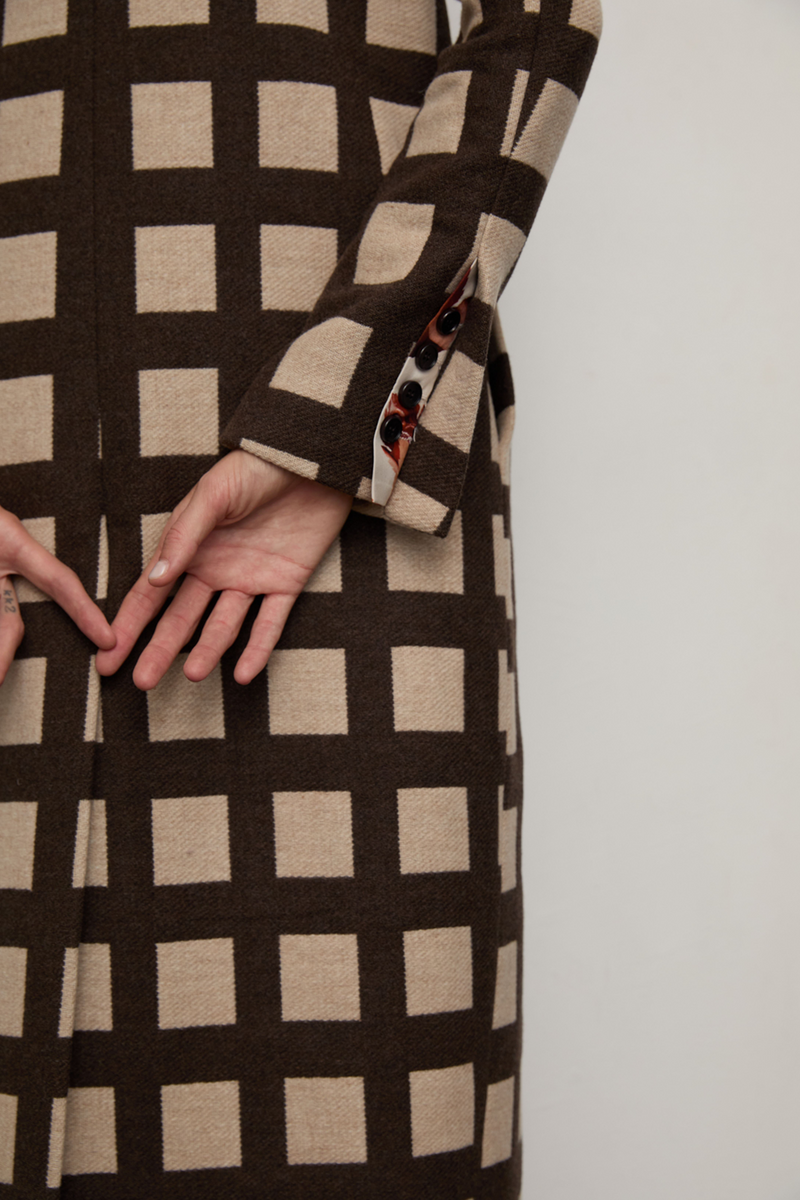 Grover Rad plaid wool coat silk lining jonathan yeo art falling leaves asymmetrical closure