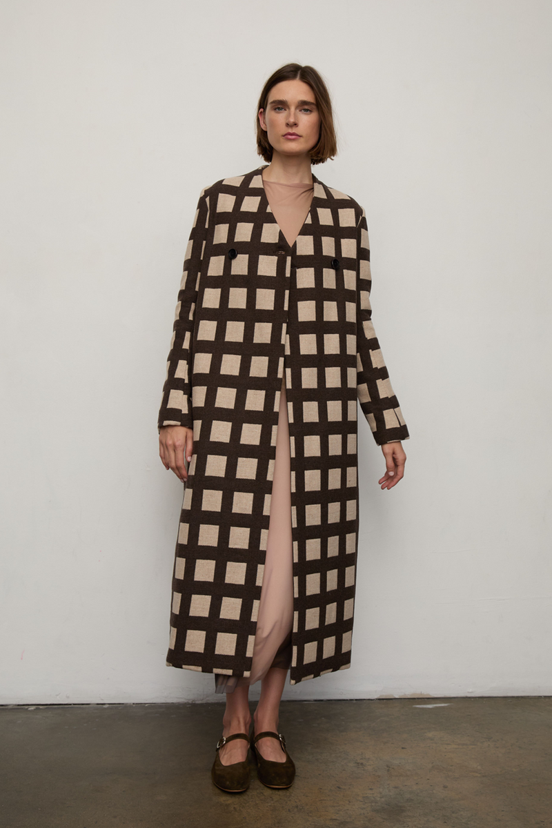 Grover Rad plaid wool coat silk lining jonathan yeo art falling leaves asymmetrical closure