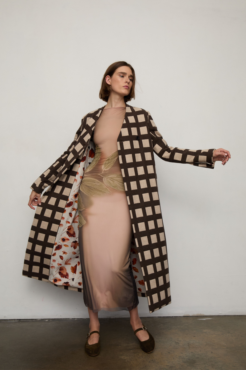 Grover Rad plaid wool coat silk lining jonathan yeo art falling leaves asymmetrical closure