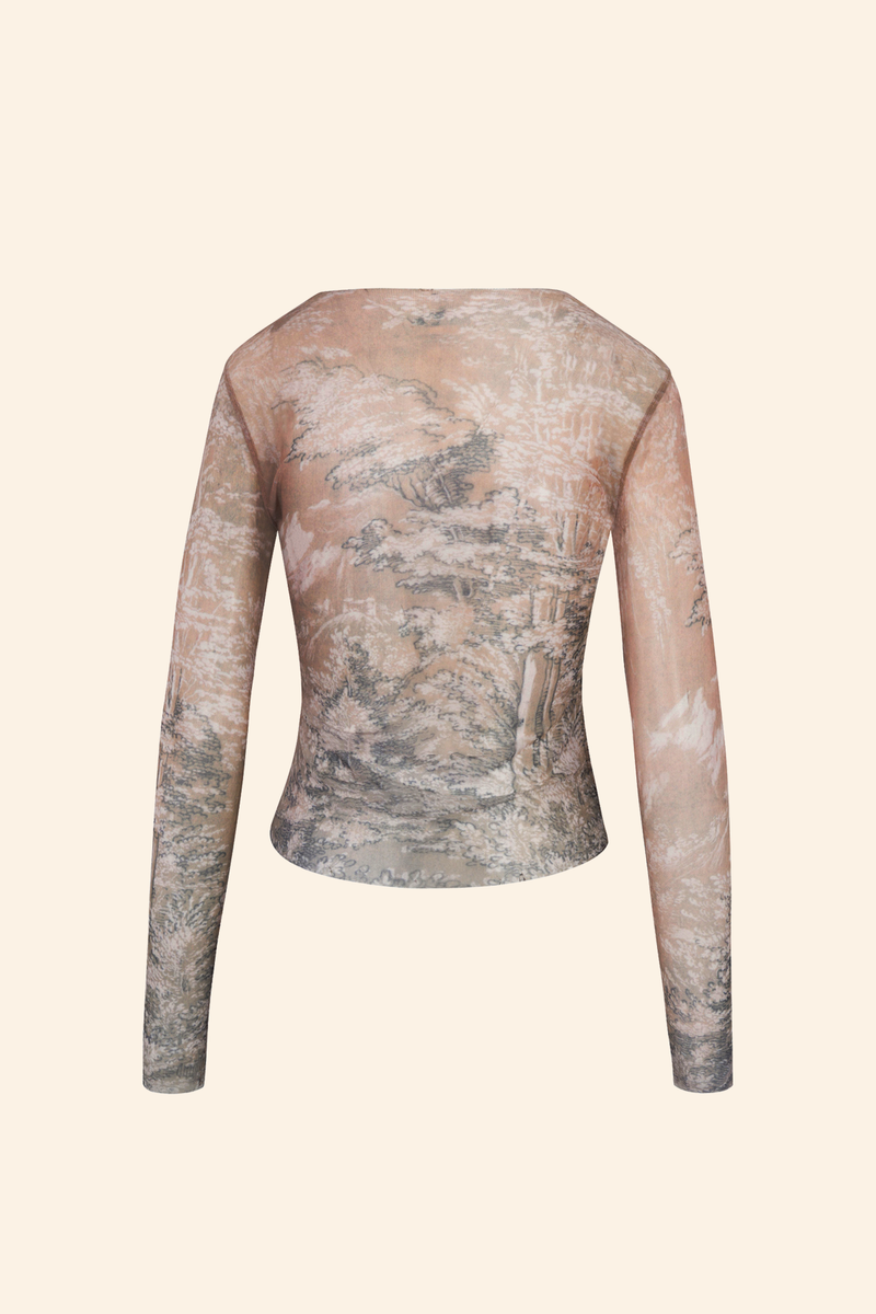 Grover Rad carbon mesh long sleeved top printed tree etching art nude white grey