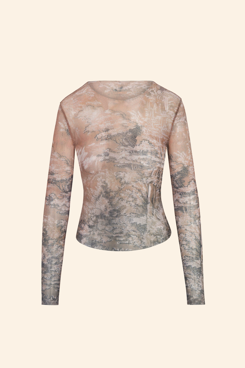 Grover Rad carbon mesh long sleeved top printed tree etching art nude white grey