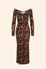 Grover Rad artist jonathan yeo collaboration falling leaves collage female genitalia fitted ankle length dress open neck brown