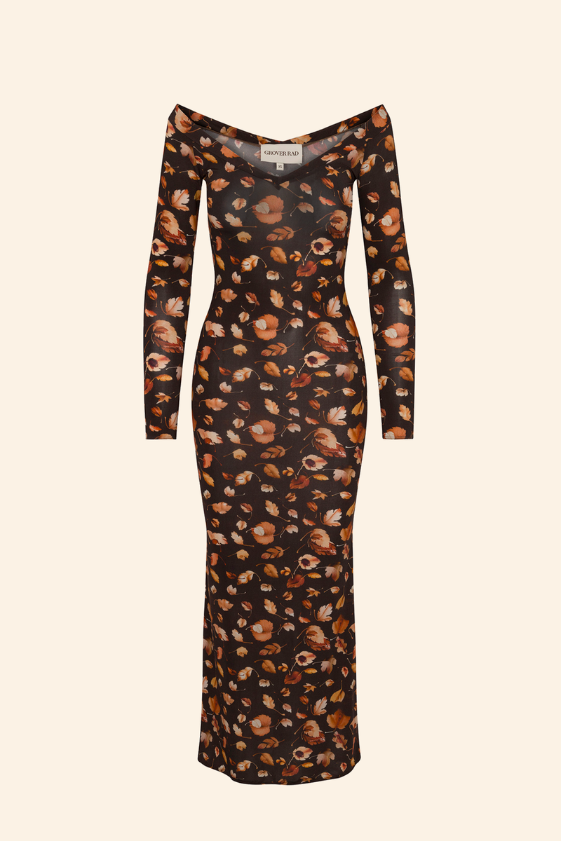 Grover Rad artist jonathan yeo collaboration falling leaves collage female genitalia fitted ankle length dress open neck brown