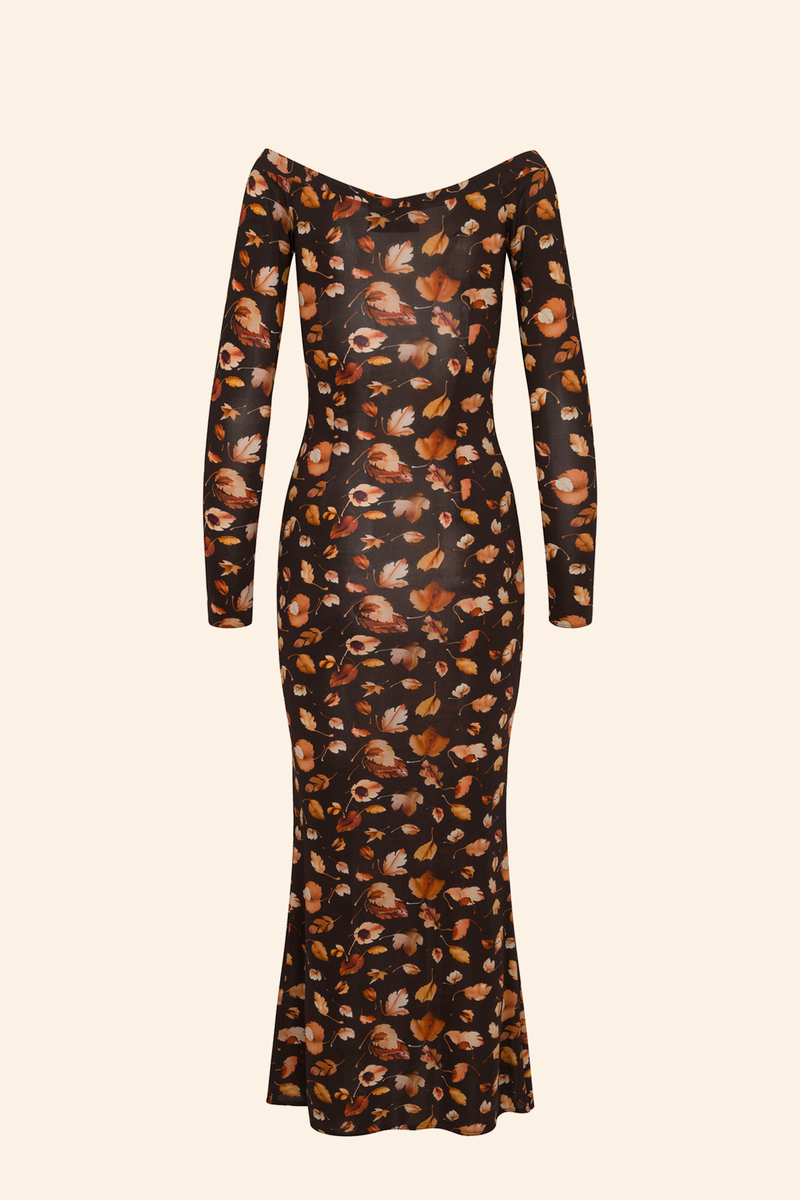 Grover Rad artist jonathan yeo collaboration falling leaves collage female genitalia fitted ankle length dress open neck brown