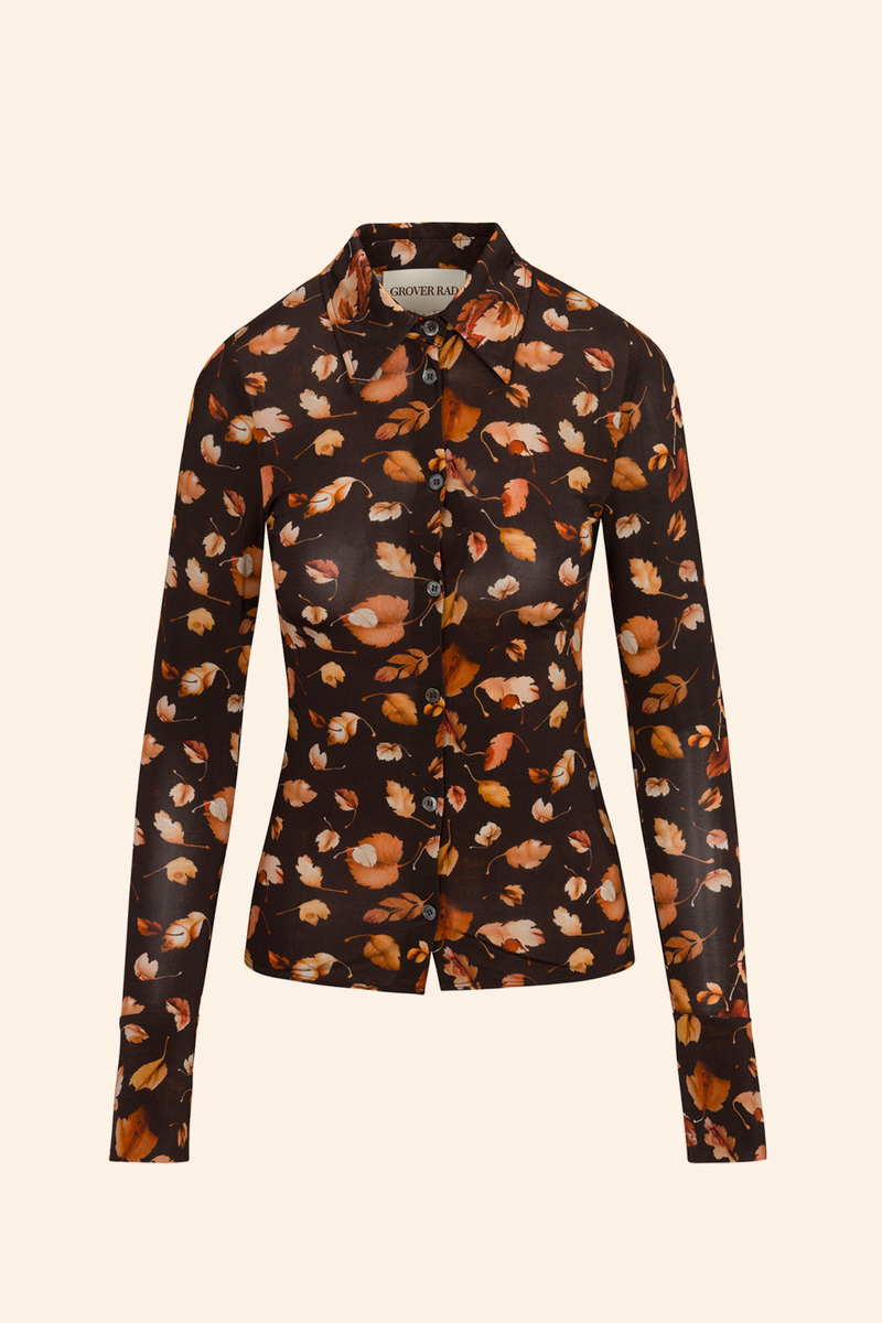 Grover Rad artist jonathan yeo collaboration falling leaves collage female genitalia fitted collared button down shirt