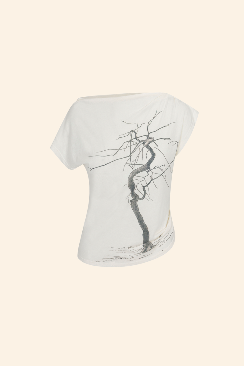 Grover Rad memento mori top white asymmetrical t-shirt printed tree historical etching 