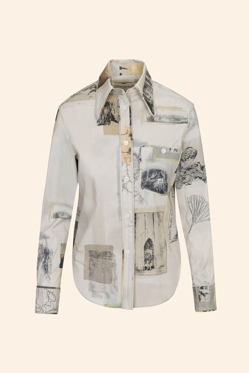 Grover Rad sierra button down cotton poplin top printed artwork collage historical imagery logging deforestation neutral colors collared