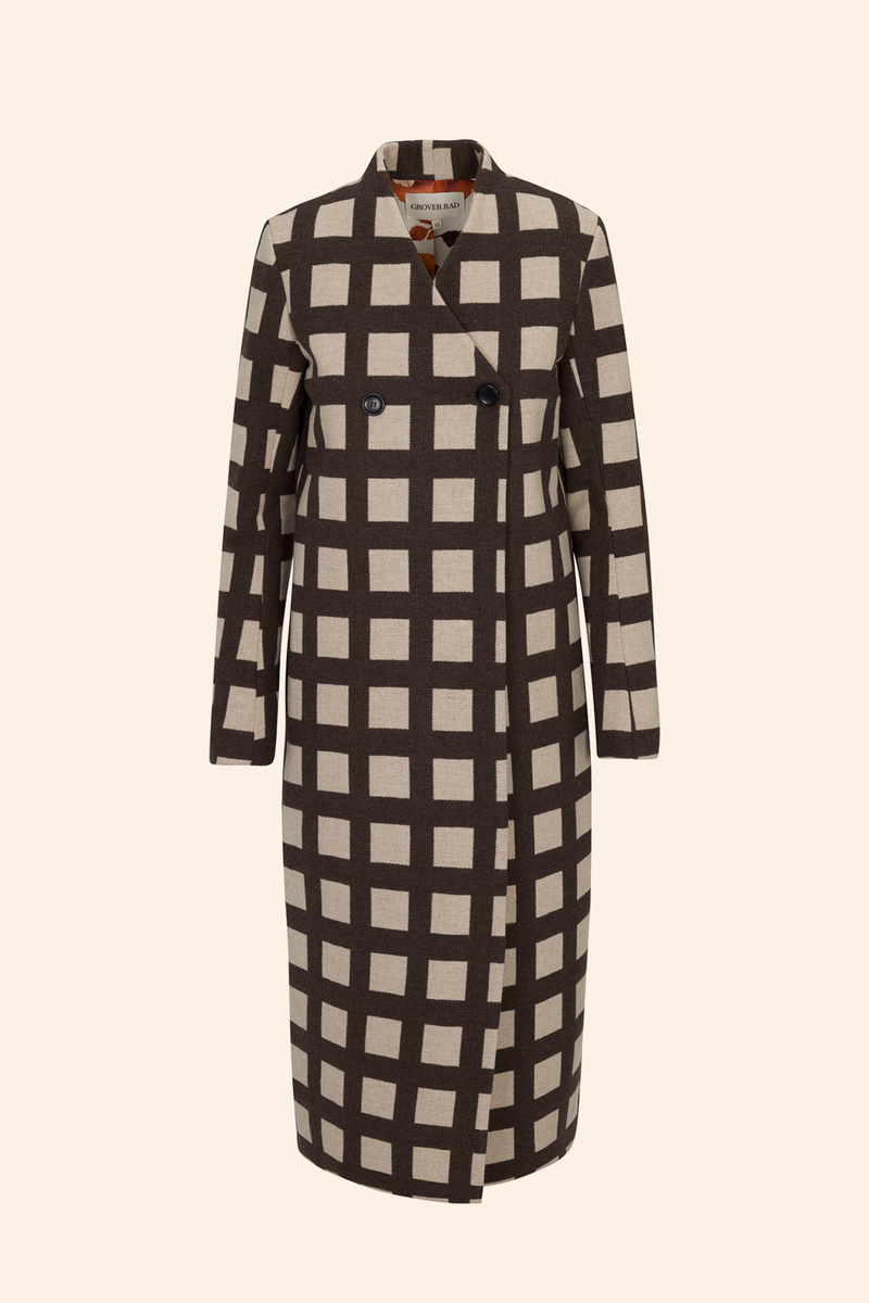 Grover Rad plaid wool coat silk lining jonathan yeo art falling leaves asymmetrical closure