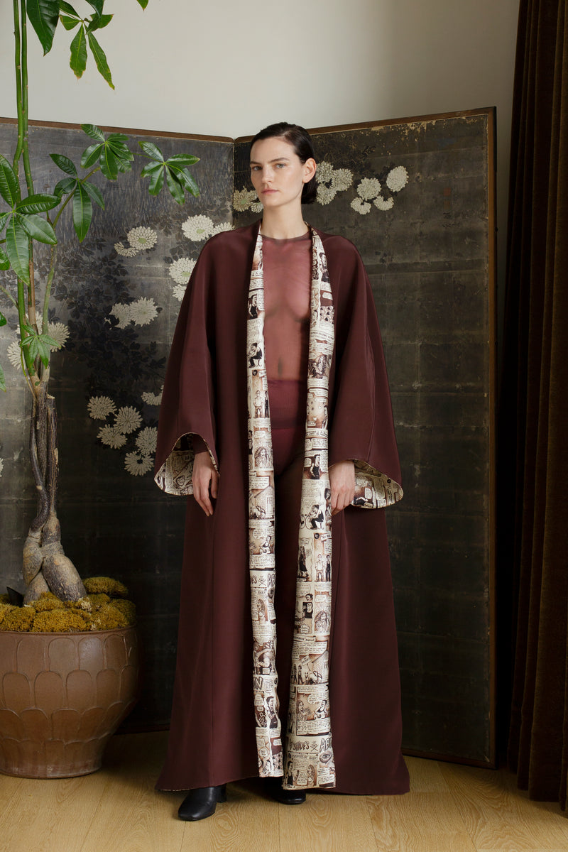 Shop evening coat. Silk wool mikado opera coat reversible with comic print