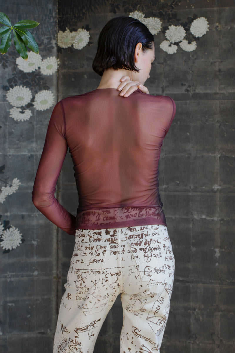 Nude illusion sheer mesh long sleeved top in garnet red